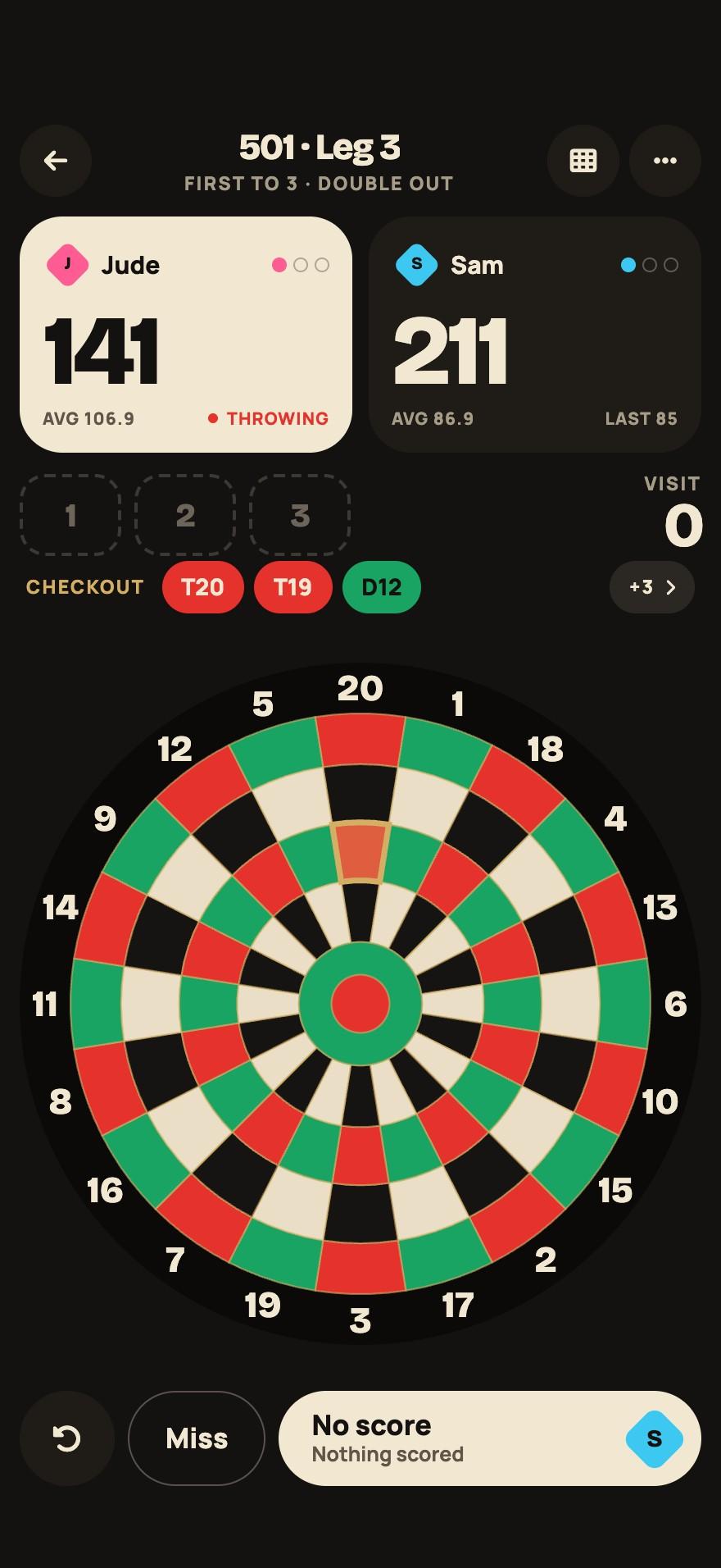 Scoring 501 by tapping the board, with the checkout called: T20 T19 D12
