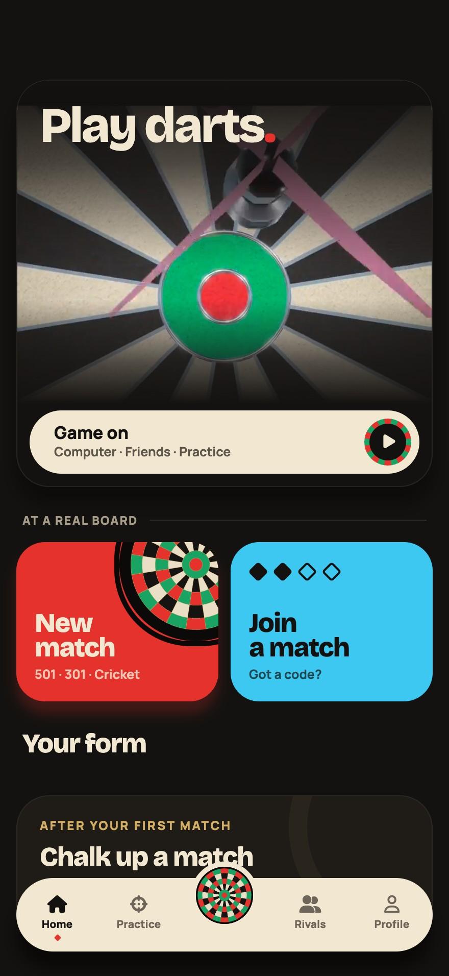 AceDarts home: new match, join a match and play darts