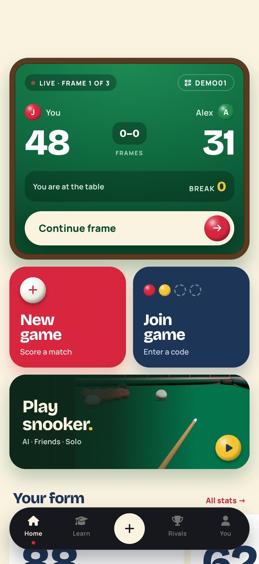CueTally home: new game, join game and your form