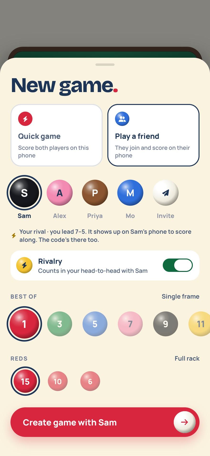 Setting up a new game against Sam