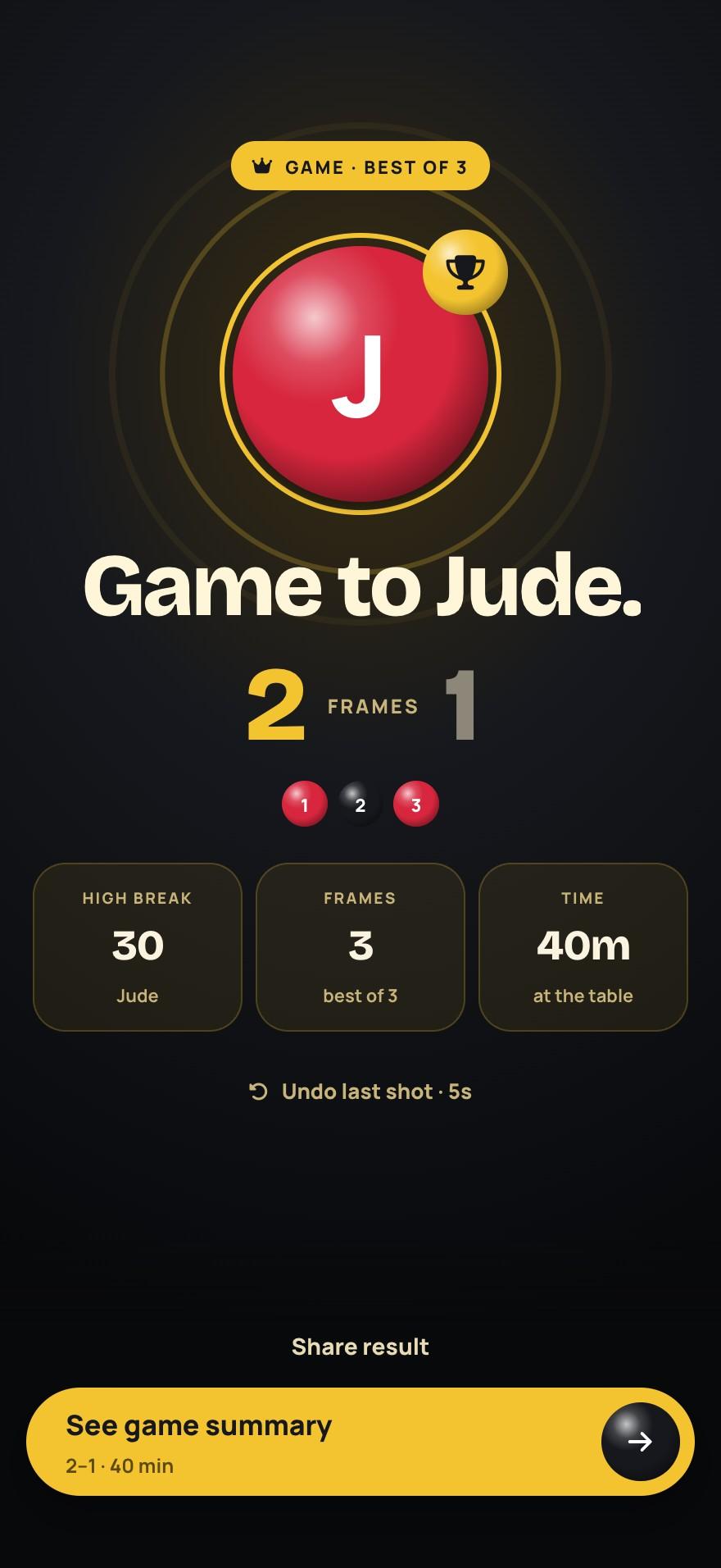 Game to Jude, 2 frames to 1